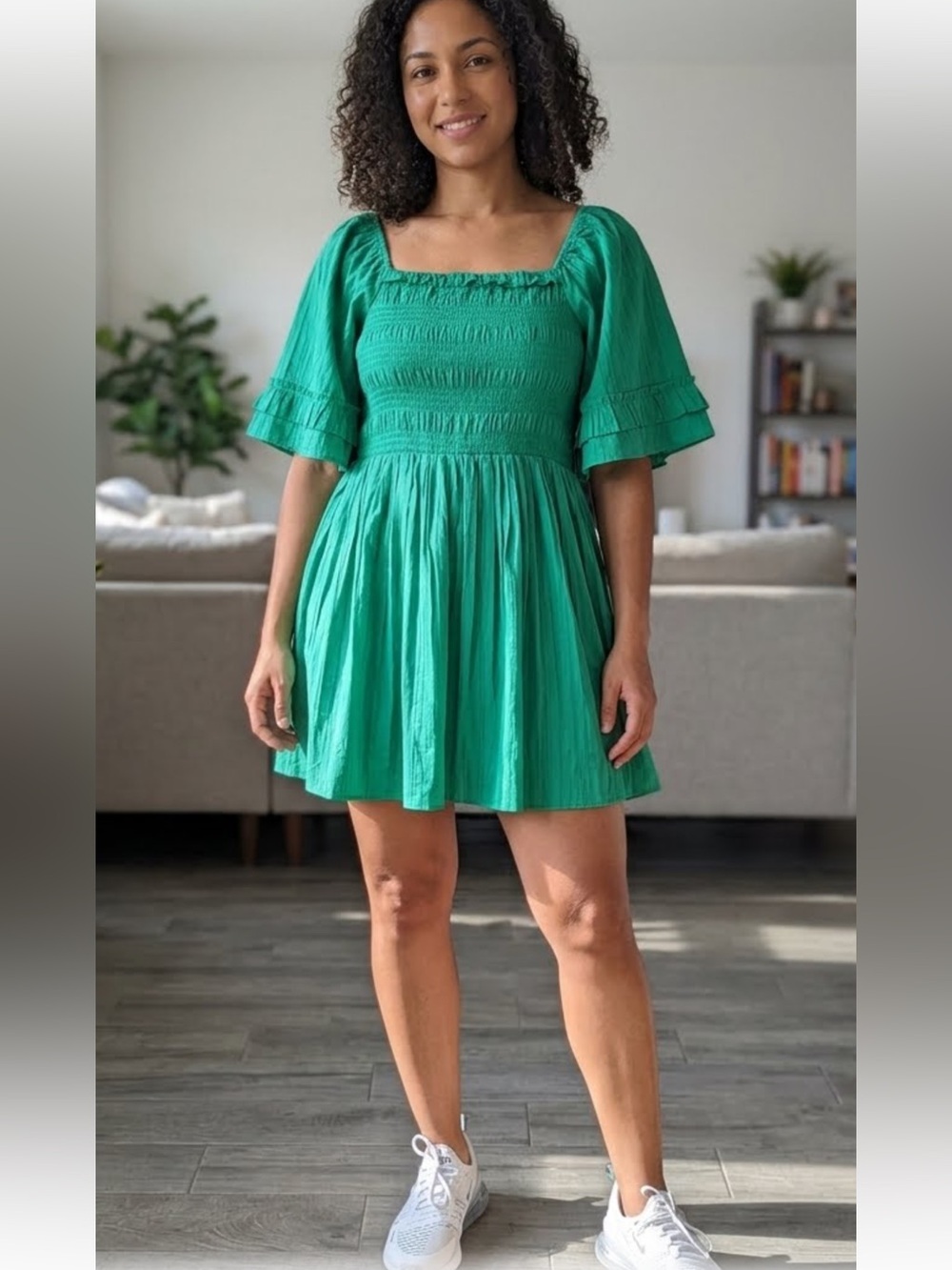 NWT Girl Soul Green Smocked Square Neck Puff Sleeve Dress